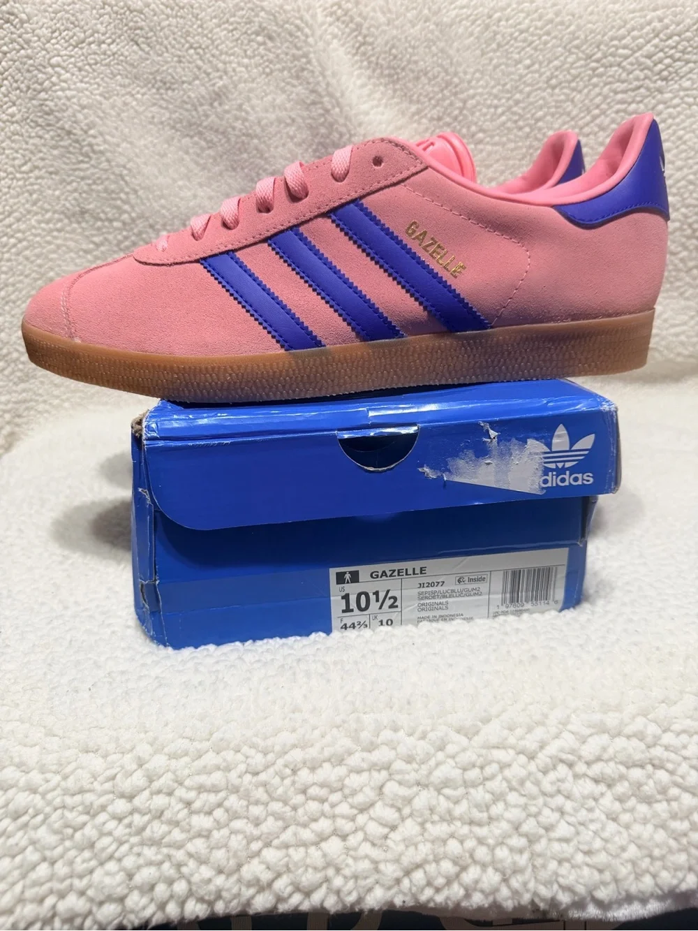 Adidas Gazelle Pink with Blue Stripes and Gum Sole
